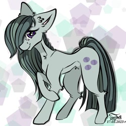 Size: 1280x1280 | Tagged: safe, artist:clarsithell, derpibooru import, marble pie, earth pony, pony, abstract background, ear fluff, ears, female, looking at you, mare, raised hoof, raised leg, skinny, smiling, smiling at you, solo