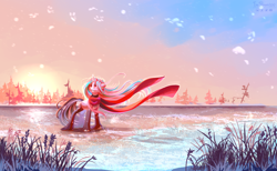 Size: 3980x2459 | Tagged: safe, artist:teaflower300, derpibooru import, oc, oc only, pony, unicorn, clothes, forest, scarf, snow, snowfall, solo, sun, unshorn fetlocks, winter