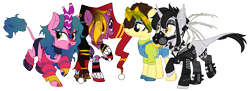 Size: 6551x2379 | Tagged: safe, artist:idkhesoff, artist:kellysweet1, derpibooru import, oc, oc only, oc:candy fae, oc:grimm fable, oc:sol shines, alicorn, bat pony, bat pony alicorn, kirin, pegasus, pony, 2023 community collab, alicorn oc, arcane, bandana, bat pony oc, bat wings, boots, brazil, chess piece, choker, clothes, corset, dc comics, deaf, derpibooru community collaboration, ear piercing, earring, eyebrow piercing, eyelashes, eyeshadow, fangs, female, fingerless gloves, fusion, gas mask, gloves, grim reaper, harley quinn, hat, headband, hearing aid, high res, horn, horn ring, jacket, jester hat, jewelry, jinx (league of legends), kirin oc, league of legends, leather, leather jacket, lip piercing, makeup, mare, mask, nation ponies, necklace, nose piercing, nose ring, open mouth, overalls, pants, piercing, ponified, ponysona, raised hoof, raised leg, ring, ripped pants, shirt, shoes, shorts, simple background, socks, solo, spiked choker, spikes, stockings, striped socks, sweater, t-shirt, tattoo, thigh highs, tongue piercing, torn clothes, transparent background, unshorn fetlocks, wall of tags, wing piercing, wings