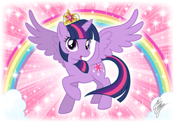 Size: 1181x827 | Tagged: safe, artist:marco albiero, derpibooru import, twilight sparkle, twilight sparkle (alicorn), alicorn, pony, big crown thingy, element of magic, head turn, jewelry, rainbow, raised hoof, raised leg, regalia, solo, sparkles, spread wings, wings