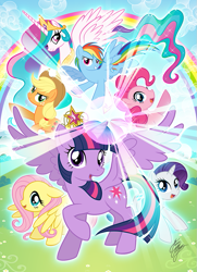 Size: 827x1142 | Tagged: safe, artist:marco albiero, derpibooru import, applejack, fluttershy, pinkie pie, princess celestia, rainbow dash, rarity, twilight sparkle, twilight sparkle (alicorn), alicorn, earth pony, pegasus, pony, unicorn, big crown thingy, element of magic, glowing, glowing horn, head turn, horn, jewelry, mane six, rainbow, raised hoof, raised leg, regalia, spread wings, wings