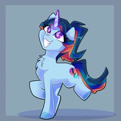 Size: 2048x2048 | Tagged: safe, artist:plushtrapez, derpibooru import, oc, oc only, pony, unicorn, glowing, glowing horn, grin, high res, horn, magic, raised hoof, raised leg, smiling, solo, white pupils