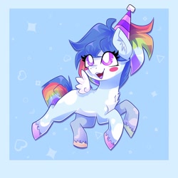 Size: 2048x2048 | Tagged: safe, artist:plushtrapez, derpibooru import, oc, oc only, pegasus, pony, coat markings, colored hooves, high res, multicolored tail, open mouth, solo, tail, white pupils