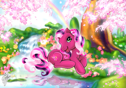 Size: 1181x827 | Tagged: safe, artist:marco albiero, derpibooru import, cherry blossom (g3), pony, g3, female, flower, rainbow, smiling, solo, tree, under the tree, water