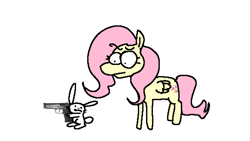 Size: 2048x1154 | Tagged: safe, artist:punkittdev, derpibooru import, angel bunny, fluttershy, pegasus, pony, rabbit, animal, duo, female, gun, handgun, looking at each other, looking at someone, male, mare, pistol, simple background, weapon, white background