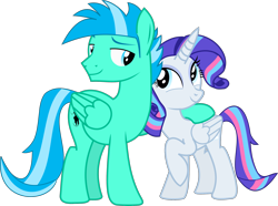 Size: 2258x1679 | Tagged: safe, artist:rarity3257, derpibooru import, oc, oc only, oc:sky dancer, oc:stardust falken, alicorn, pegasus, pony, alicorn oc, base used, duo, duo male and female, eyebrows, father and child, father and daughter, female, folded wings, horn, looking at each other, looking at someone, male, mare, not rarity, parent and child, pegasus oc, photo, side hug, simple background, smiling, smiling at each other, stallion, transparent background, vector, wings