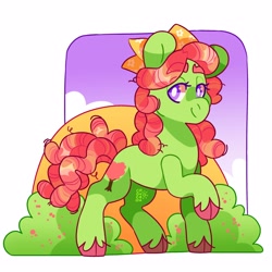 Size: 2500x2500 | Tagged: safe, artist:cocopudu, derpibooru import, tree hugger, earth pony, pony, bush, cloven hooves, dreadlocks, female, lidded eyes, mare, passepartout, raised hoof, raised leg, simple background, smiling, solo, unshorn fetlocks, white background