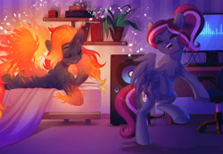 Size: 1280x888 | Tagged: safe, artist:ls_skylight, derpibooru import, oc, oc only, oc:spotlight splash, pegasus, pony, bed, book, bookshelf, chair, computer, dancing, fire, music notes, plant, plant pot, rubik's cube, singing, speaker