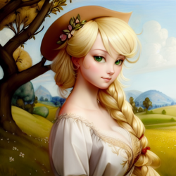 Size: 1024x1024 | Tagged: safe, derpibooru import, editor:siber, generator:purplesmart.ai, generator:stable diffusion, machine learning generated, applejack, human, braid, bust, clothes, humanized, looking at you, portrait, scenery, solo, tree