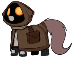 Size: 1224x954 | Tagged: safe, artist:lockheart, derpibooru import, oc, oc only, earth pony, pony, bag, cloak, clothes, explicit source, female, glowing, glowing eyes, hood, jawa, mare, ponified, saddle bag, simple background, solo, star wars, white background