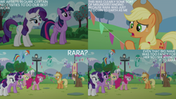 Size: 2000x1125 | Tagged: safe, derpibooru import, edit, edited screencap, editor:quoterific, screencap, applejack, cloudchaser, coco crusoe, fluttershy, pinkie pie, rainbow dash, rarity, royal riff, spike, spring melody, sprinkle medley, twilight sparkle, twilight sparkle (alicorn), alicorn, earth pony, pegasus, pony, unicorn, the mane attraction, female, male, mane six, mare, stallion