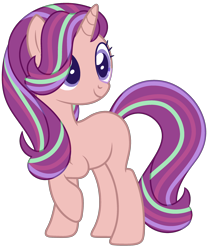 Size: 2309x2757 | Tagged: safe, artist:shoyo-chann, derpibooru import, pony, unicorn, 2020, beige fur, female, looking offscreen, magical lesbian spawn, mare, multicolored hair, offspring, parent:scootaloo, parent:starlight glimmer, parents:glimmerloo, purple eyes, raised hoof, raised leg, show accurate, simple background, smiling, solo, transparent background