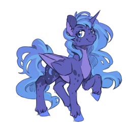 Size: 2000x2000 | Tagged: safe, artist:flaming-trash-can, artist:flaming_trash, derpibooru import, princess luna, alicorn, pony, alternate design, colored wings, female, mare, missing accessory, pale belly, raised hoof, raised leg, simple background, smiling, solo, spots, two toned wings, unshorn fetlocks, white background, wings