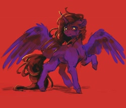 Size: 2048x1755 | Tagged: safe, artist:flaming-trash-can, derpibooru import, oc, oc only, alicorn, pony, raised hoof, raised leg, red background, red eyes, simple background, solo, spread wings, standing, wings