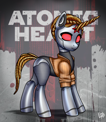 Size: 1588x1810 | Tagged: safe, alternate version, artist:lina, artist:megabait, derpibooru import, oc, oc only, pony, robot, robot pony, unicorn, angry, atomic heart, clothes, costume, female, jacket, mare, ponified, red eyes, rule 85, solo