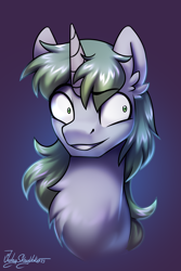 Size: 2000x3000 | Tagged: safe, artist:jedayskayvoker, derpibooru import, oc, oc:poison riddles, unicorn, bust, chest fluff, ear fluff, ears, eyebrows, gradient background, horn, icon, insanity, long mane, male, patreon, patreon reward, portrait, small eyes, solo, stallion, unicorn oc