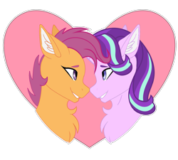 Size: 5009x4500 | Tagged: artist needed, safe, derpibooru import, scootaloo, starlight glimmer, pegasus, pony, unicorn, boop, chest fluff, crack shipping, duo, ear fluff, ears, eyebrows, female, glimmerloo, heart, lesbian, looking at each other, looking at someone, mare, noseboop, older, older scootaloo, outline, shipping, simple background, smiling, smiling at each other, transparent background, white outline