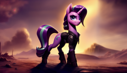 Size: 2688x1536 | Tagged: safe, derpibooru import, editor:siber, generator:purplesmart.ai, generator:stable diffusion, machine learning generated, starlight glimmer, pony, unicorn, clothes, desert, female, jacket, leather, leather jacket, looking at you, mad max, mad max fury road, mare, post-apocalyptic, scenery, sky, solo