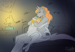 Size: 1200x829 | Tagged: safe, artist:sunny way, derpibooru import, oc, anthro, hybrid, pony, shark, bad dream, bedroom, child, crying, cute, daughter, duo, female, hug, mare, mother, night, nightmare, patreon, patreon reward, small