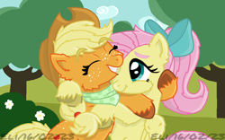 Size: 1280x797 | Tagged: safe, artist:autisticeli, derpibooru import, applejack, fluttershy, earth pony, pegasus, pony, appleshy, bow, eyes closed, female, fluffy, hair bow, hug, lesbian, ponytail, shipping, unshorn fetlocks