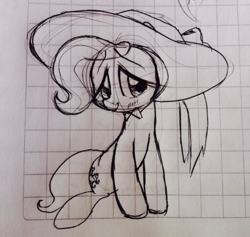 Size: 847x804 | Tagged: safe, artist:kluzart, derpibooru import, fluttershy, pony, graph paper, hat, monochrome, sketch, solo, traditional art