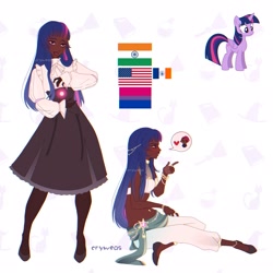Size: 2048x2048 | Tagged: safe, artist:cryweas, derpibooru import, tempest shadow, twilight sparkle, twilight sparkle (alicorn), alicorn, human, pony, american flag, anklet, asian, belly button, belly piercing, bisexual pride flag, blushing, bracelet, clothes, cute, dark skin, eye scar, eyeshadow, facial scar, female, gloves, heart, high heels, humanized, implied lesbian, implied shipping, implied tempestlight, india, indian, jewelry, lipstick, magic, makeup, mare, midriff, pants, piercing, pride, pride flag, ring, scar, shirt, shoes, simple background, skirt, socks, solo, stockings, tattoo, thigh highs, twiabetes, white background
