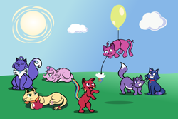 Size: 1200x800 | Tagged: safe, artist:magerblutooth, derpibooru import, applejack, diamond tiara, fluttershy, pinkie pie, rainbow dash, rarity, twilight sparkle, butterfly, cat, :3, apple, applecat, balloon, bell, cat bell, cat teaser, catified, cloud, collar, commission, cowering, cutie mark accessory, cutie mark collar, ears, eyes closed, fangs, floating, floppy ears, fluttercat, food, grass, grin, hair over one eye, looking at each other, looking at someone, looking away, mane six, mouth hold, neckerchief, nervous, nervous grin, nervous sweat, open mouth, open smile, outdoors, pinkie cat, rainbow cat, raricat, rearing, sitting, sky, smiling, species swap, sun, sweat, sweatdrop, tail, tail bell, then watch her balloons lift her up to the sky, twilight cat