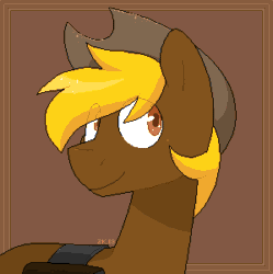 Size: 299x300 | Tagged: safe, artist:2k.bugbytes, oc, oc only, oc:acres, earth pony, pony, animated, bag, brown background, cowboy hat, grin, hat, male, one eye closed, pixel art, saddle bag, signature, simple background, smiling, solo, sparkles, stallion, stetson, wink