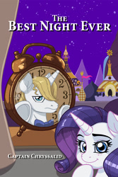 Size: 1000x1500 | Tagged: safe, artist:latecustomer, derpibooru import, prince blueblood, rarity, pony, fanfic:the best night ever, canterlot, clock, fanfic, fanfic art, fanfic cover, female, groundhog day, male, rariblood, shipping, straight