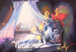 Size: 3447x2343 | Tagged: safe, artist:alumx, derpibooru import, philomena, princess celestia, alicorn, bird, phoenix, pony, bed, curtains, duo, eyes closed, female, glowing, glowing horn, hand, horn, lying down, magic, magic hands, mare, morning, morning ponies, music notes, open mouth, prone, sheet, singing, teary eyes, yawn