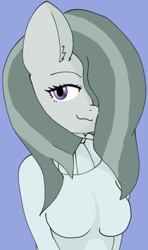 Size: 394x666 | Tagged: safe, anonymous artist, derpibooru import, marble pie, anthro, earth pony, :3, blue background, breasts, clothes, ear fluff, ears, female, hair over one eye, ibispaint x, simple background, smiling, solo, sweater