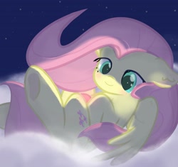 Size: 3277x3066 | Tagged: safe, artist:fuzzy cyclone, derpibooru import, fluttershy, pony, cloud, cute, dark, lighting, night, solo, starry sky