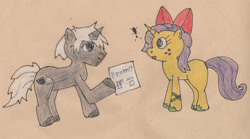 Size: 881x491 | Tagged: safe, artist:charade, derpibooru import, oc, oc only, oc:charade, oc:flower dust, pony, unicorn, 2014, bow, duo, hair bow, horn, oc x oc, pony prom, shipping, traditional art, unicorn oc