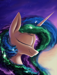 Size: 3000x4000 | Tagged: safe, artist:rocket-lawnchair, derpibooru import, princess celestia, alicorn, female, nebula, smiling, solo, space, stars