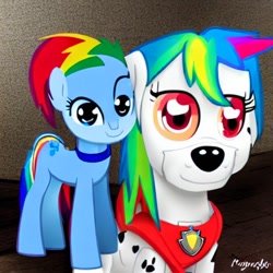 Size: 512x512 | Tagged: safe, artist:thegamerpainter, derpibooru import, generator:stable diffusion, machine learning generated, rainbow dash, dog, pegasus, pony, collar, dalmatian, dog tags, duo, looking at you, marshall (paw patrol), multicolored hair, paw patrol, puppy dog eyes, rainbow hair