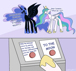 Size: 2588x2421 | Tagged: safe, artist:nawnii, derpibooru import, nightmare moon, princess celestia, alicorn, pony, crown, duo, jewelry, meme, regalia, text