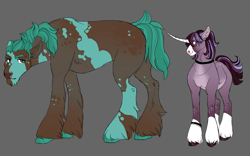 Size: 2855x1776 | Tagged: safe, artist:felinenostalgic, derpibooru import, oc, oc only, earth pony, pony, unicorn, choker, coat markings, cousins, duo, earth pony oc, female, gray background, horn, magical gay spawn, male, mare, offspring, parent:big macintosh, parent:shining armor, parent:trouble shoes, parent:twilight sparkle, parents:shiningmac, parents:troubletwi, simple background, socks (coat marking), stallion, unicorn oc, unshorn fetlocks