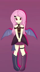 Size: 3193x5661 | Tagged: safe, artist:fuzzy cyclone, derpibooru import, fluttershy, bat pony, human, undead, vampire, equestria girls, bat ponified, bat wings, clothes, dress, female, flutterbat, pigeon toed, pink hair, race swap, red eyes, shy, solo, wings