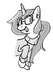 Size: 286x392 | Tagged: safe, artist:wtrclover, derpibooru import, oc, oc only, oc:cloverberry, pony, unicorn, bust, clothes, glasses, horn, monochrome, simple background, smiling, solo, sweater, unicorn oc, white background