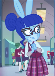 Size: 254x351 | Tagged: safe, artist:wtrclover, derpibooru import, edit, edited screencap, screencap, oc, oc:cloverberry, anthro, human, equestria girls, friendship games, background human, clothes, crystal prep, crystal prep academy uniform, glasses, school uniform, skirt