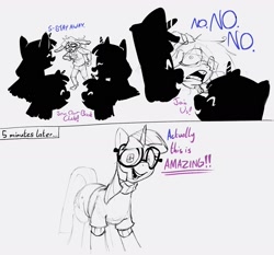 Size: 1743x1623 | Tagged: safe, artist:wtrclover, derpibooru import, oc, oc:cloverberry, anthro, pony, unicorn, clothes, dialogue, glasses, monochrome, sweater, text, twisona