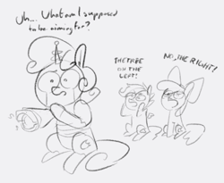 Size: 518x424 | Tagged: safe, artist:wtrclover, derpibooru import, apple bloom, scootaloo, sweetie belle, sweetie bot, earth pony, pegasus, pony, robot, robot pony, unicorn, arm cannon, cutie mark crusaders, dialogue, laser, monochrome, sitting, text, trio, weapon