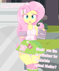 Size: 2031x2414 | Tagged: safe, anonymous artist, derpibooru import, fluttershy, human, equestria girls, breasts, butterfly hairpin, cleavage, clothes, female, hootershy, no source, open mouth, paper, solo, standing, talking to viewer, text