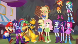 Size: 624x351 | Tagged: safe, derpibooru import, edit, edited screencap, screencap, applejack, fluttershy, pinkie pie, rainbow dash, rarity, sci-twi, sunset shimmer, twilight sparkle, twilight sparkle (alicorn), alicorn, human, better together, equestria girls, sunset's backstage pass!, boots, bowser, clothes, hair, humane five, humane seven, humane six, koopa, mario, shoes, super mario bros., twolight