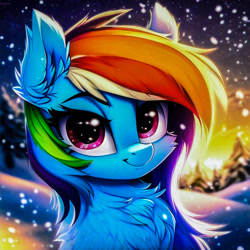 Size: 1280x1280 | Tagged: safe, derpibooru import, generator:novelai, generator:stable diffusion, machine learning generated, rainbow dash, pegasus, pony, bust, chest fluff, cute, ear fluff, ears, female, fluffy, looking at you, mare, outdoors, portrait, smiling, smiling at you, snow, solo, sunset
