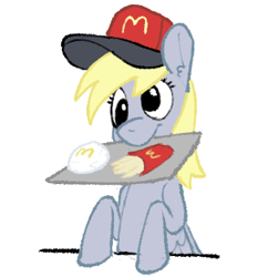 Size: 294x304 | Tagged: safe, artist:wtrclover, derpibooru import, derpy hooves, pegasus, pony, burger, cap, food, french fries, hat, mcdonald's, mouth hold, serving tray, simple background, sitting, solo, white background