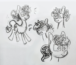 Size: 3000x2571 | Tagged: safe, artist:wtrclover, derpibooru import, oc, oc:cloverberry, pony, unicorn, frown, glasses, horn, monochrome, smiling, solo, traditional art, unicorn oc