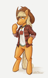 Size: 284x457 | Tagged: safe, artist:wtrclover, derpibooru import, applejack, anthro, earth pony, arm hooves, bipedal, clothes, female, hat, hooves, looking at you, simple background, solo, white background