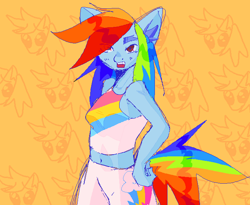 Size: 715x586 | Tagged: safe, artist:myosotis-secunda, artist:myosotissecunda, derpibooru import, rainbow dash, anthro, clothes, cutie mark on clothes, female, midriff, solo, tanktop