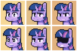 Size: 408x272 | Tagged: safe, artist:wtrclover, derpibooru import, twilight sparkle, pony, unicorn, angry, bust, frown, monochrome, open mouth, pixel art, smiling, teeth